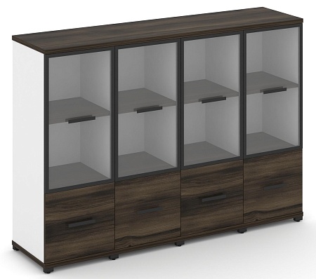 Шкаф четыре узкие секции, 3 ниши (4 фасада ЛДСП, 1 ниша + 4 фасада стекло прозрачное в раме, 2 ниши) CN.STU-342 RP B/W