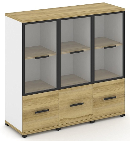 Шкаф три узкие секции, 3 ниши (3 фасада ЛДСП, 1 ниша + 3 фасада стекло прозрачное в раме, 2 ниши) CN.STU-332 RP B/W