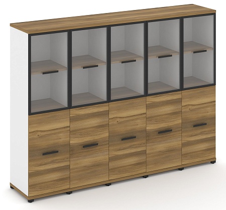 Шкаф пять узких секций, 4 ниши (5 фасадов ЛДСП, 2 ниши + 5 фасадов стекло прозрачное в раме, 2 ниши) CN.STU-452 RP B/W