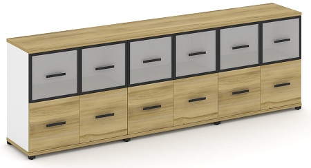 Шкаф три широкие секции, 2 ниши (6 фасадов ЛДСП, 1 ниша + 6 фасадов стекло белое матовое в раме, 1 ниша) CN.STS-232 RM