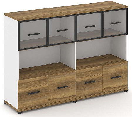 Шкаф две широкие секции, 3 ниши (4 фасада ЛДСП, 1 ниша + 4 фасада стекло прозрачное в раме, 1 ниша) CN.STS-325 RP B/W