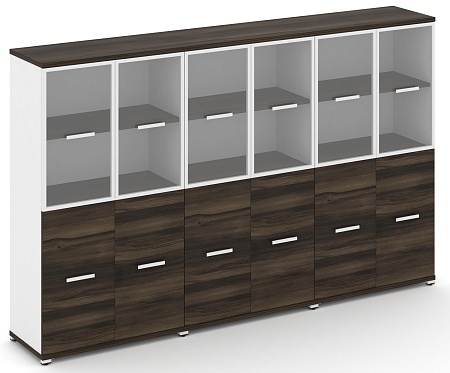 Шкаф три широкие секции, 4 ниши (6 фасадов ЛДСП, 2 ниши + 6 фасадов стекло прозрачное в раме, 2 ниши) CN.STS-432 RP B/W