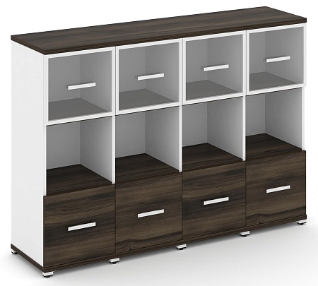 Шкаф четыре узкие секции, 3 ниши (4 фасада ЛДСП, 1 ниша + 4 фасада стекло прозрачное в раме, 1 ниша) CN.STU-345 RP B/W