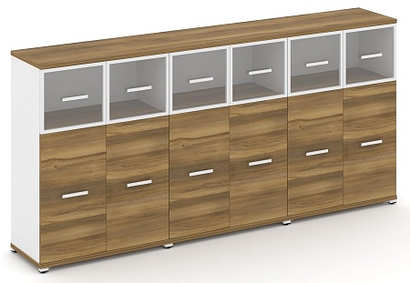 Шкаф три широкие секции, 3 ниши (6 фасадов ЛДСП, 2 ниши + 6 фасадов стекло прозрачное в раме, 1 ниша) CN.STS-334 RP B/W