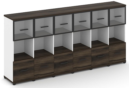 Шкаф шесть узких секций, 3 ниши (6 фасадов ЛДСП, 1 ниши + 6 фасадов стекло прозрачное в раме, 1 ниша) CN.STU-365 RP B/W