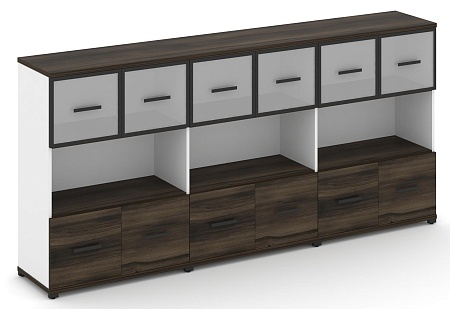 Шкаф три широкие секции, 3 ниши (6 фасадов ЛДСП, 1 ниша + 6 фасадов стекло белое матовое в раме,  1 ниша) CN.STS-335 RM B/W