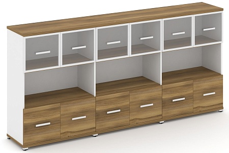 Шкаф три широкие секции, 3 ниши (6 фасадов ЛДСП, 1 ниша + 6 фасадов стекло прозрачное в раме, 1 ниша) CN.STS-335 RP B/W