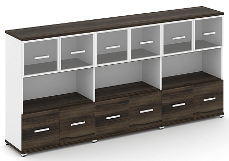 Шкаф три широкие секции, 3 ниши (6 фасадов ЛДСП, 1 ниша + 6 фасадов стекло прозрачное в раме, 1 ниша) CN.STS-335 RP B/W