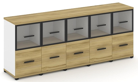 Шкаф пять узких секций, 2 ниши (5 фасадов  ЛДСП, 1 ниша + 5 фасадов стекло прозрачное в раме, 1 ниша) CN.STU-252 RP B/W