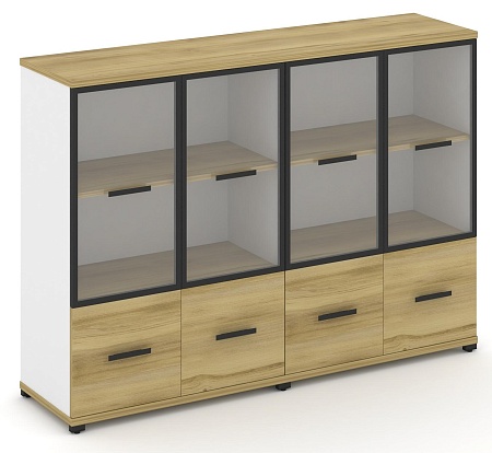 Шкаф две широкие секции, 3 ниши (4 фасада ЛДСП, 1 ниша + 4 фасада стекло прозрачное в раме, 2 ниши) CN.STS-322 RP B/W