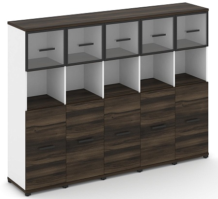 Шкаф пять узких секций, 4 ниши (5 фасадов ЛДСП, 2 ниши + 5 фасадов стекло прозрачное в раме, 1 ниша) CN.STU-455 RP B/W