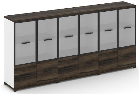 Шкаф три широкие секции, 3 ниши (6 фасадов ЛДСП, 1 нишу + 6 фасадов стекло белое матовое в раме, 2 ниши) CN.STS-332 RM B/W