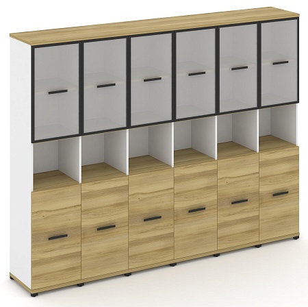 Шкаф шесть узких секций, 5 ниш (6 фасадов ЛДСП, 2 ниши + 6 фасадов стекло белое матовое в раме, 2 ниши) CN.STU-563 RM B/W