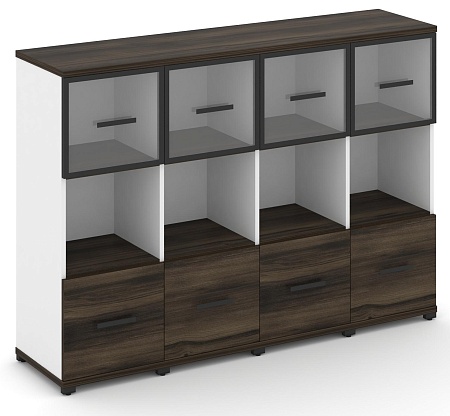 Шкаф четыре узкие секции, 3 ниши (4 фасада ЛДСП, 1 ниша + 4 фасада стекло прозрачное в раме, 1 ниша) CN.STU-345 RP B/W