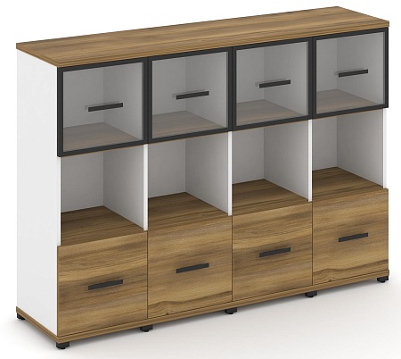 Шкаф четыре узкие секции, 3 ниши (4 фасада ЛДСП, 1 ниша + 4 фасада стекло прозрачное в раме, 1 ниша) CN.STU-345 RP B/W