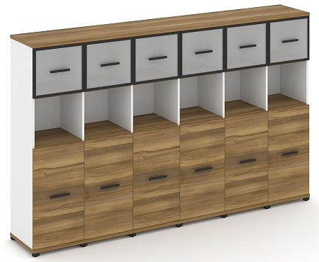 Шкаф шесть узких секций, 4 ниши (6 фасадов ЛДСП, 2 ниши + 6 фасадов стекло белое матовое в раме, 1 ниша) CN.STU-465 RM B/W