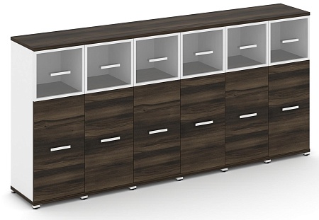 Шкаф шесть узких секций, 3 ниши (6 фасадов ЛДСП, 2 ниши + 6 фасадов стекло прозрачное в раме, 1 ниша) CN.STU-364 RP B/W