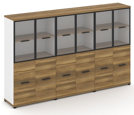 Шкаф три широкие секции, 4 ниши (6 фасадов ЛДСП, 2 ниши + 6 фасадов стекло прозрачное в раме, 2 ниши) CN.STS-432 RP B/W