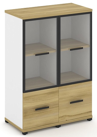 Шкаф две узкие секции, 3 ниши (2 фасада ЛДСП, 1 ниша + 2 фасада стекло прозрачное в раме, 2 ниши) CN.STU-322 RP B/W