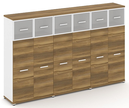 Шкаф три широкие секции, 4 ниши (6 фасадов ЛДСП, 3 ниши + 6 фасадов стекло стело белое матовое в раме, 1 ниша) CN.STS-434 RM B/W