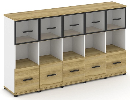 Шкаф пять узких секций, 3 ниши (5 фасадов ЛДСП, 1 ниши + 5 фасадов стекло прозрачное в раме, 1 ниша) CN.STU-355 RP B/W