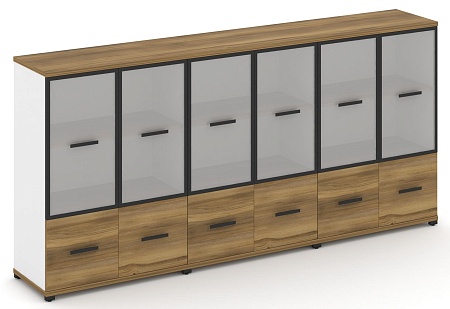 Шкаф три широкие секции, 3 ниши (6 фасадов ЛДСП, 1 нишу + 6 фасадов стекло белое матовое в раме, 2 ниши) CN.STS-332 RM B/W