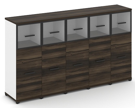 Шкаф пять узких секций, 3 ниши (5 фасадов ЛДСП, 2 ниши + 5 фасадов стекло прозрачное в раме, 1 ниша) CN.STU-354 RP B/W