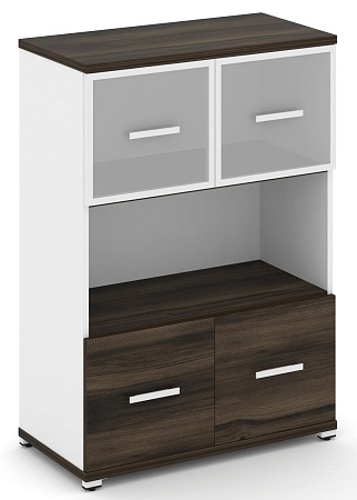 Шкаф две широкие секции, 3 ниши (2 фасада ЛДСП, 1 ниша + 2 фасада стекло белое матовое в раме, 1 ниша) CN.STS-315 RM B/W