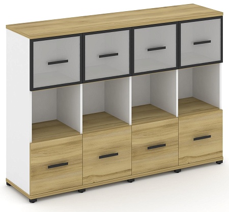 Шкаф четыре узкие секции, 3 ниши (4 фасада ЛДСП, 1 ниша + 4 фасада стекло белое матовое в раме, 1 ниша) CN.STU-345 RM B/W