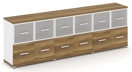 Шкаф три широкие секции, 2 ниши (6 фасадов ЛДСП, 1 ниша + 6 фасадов стекло белое матовое в раме, 1 ниша) CN.STS-232 RM