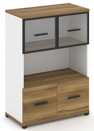 Шкаф две широкие секции, 3 ниши (2 фасада ЛДСП, 1 ниша + 2 фасада стекло прозрачное в раме, 1 ниша) CN.STS-315 RP B/W