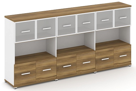 Шкаф три широкие секции, 3 ниши (6 фасадов ЛДСП, 1 ниша + 6 фасадов стекло белое матовое в раме,  1 ниша) CN.STS-335 RM B/W